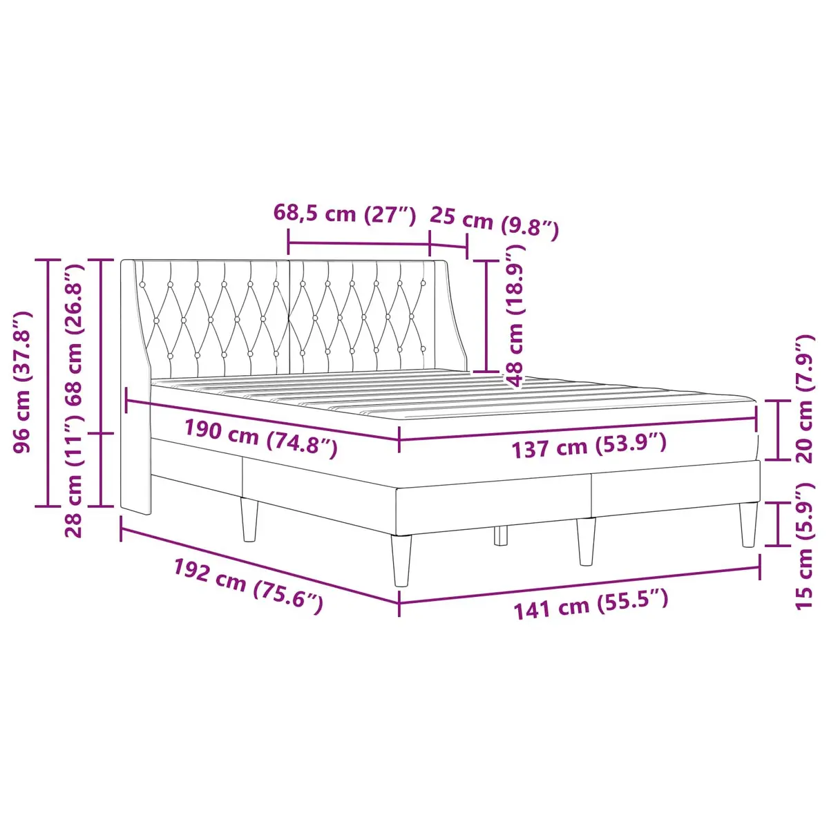 Bed Frame with Mattress Grey 137 x 190 cm Velvet Upholstered Modern
