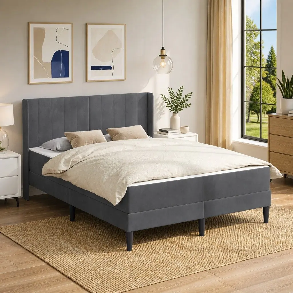 Bed Frame with Mattress Dark Grey 137 x 190 cm Velvet