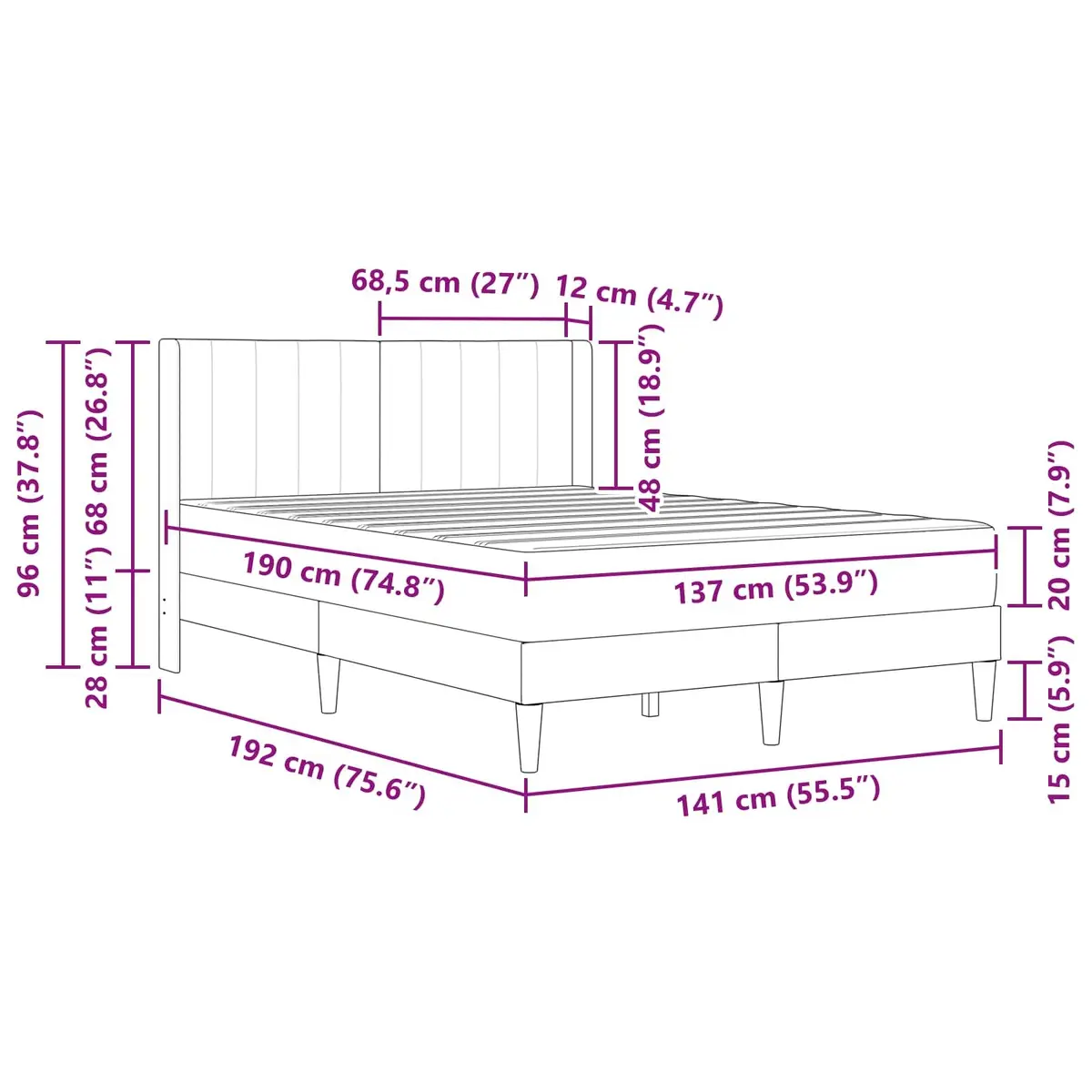Bed Frame with Mattress Dark Grey 137 x 190 cm Velvet