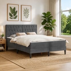 Dark Grey Velvet Upholstered Bed Frame with Mattress