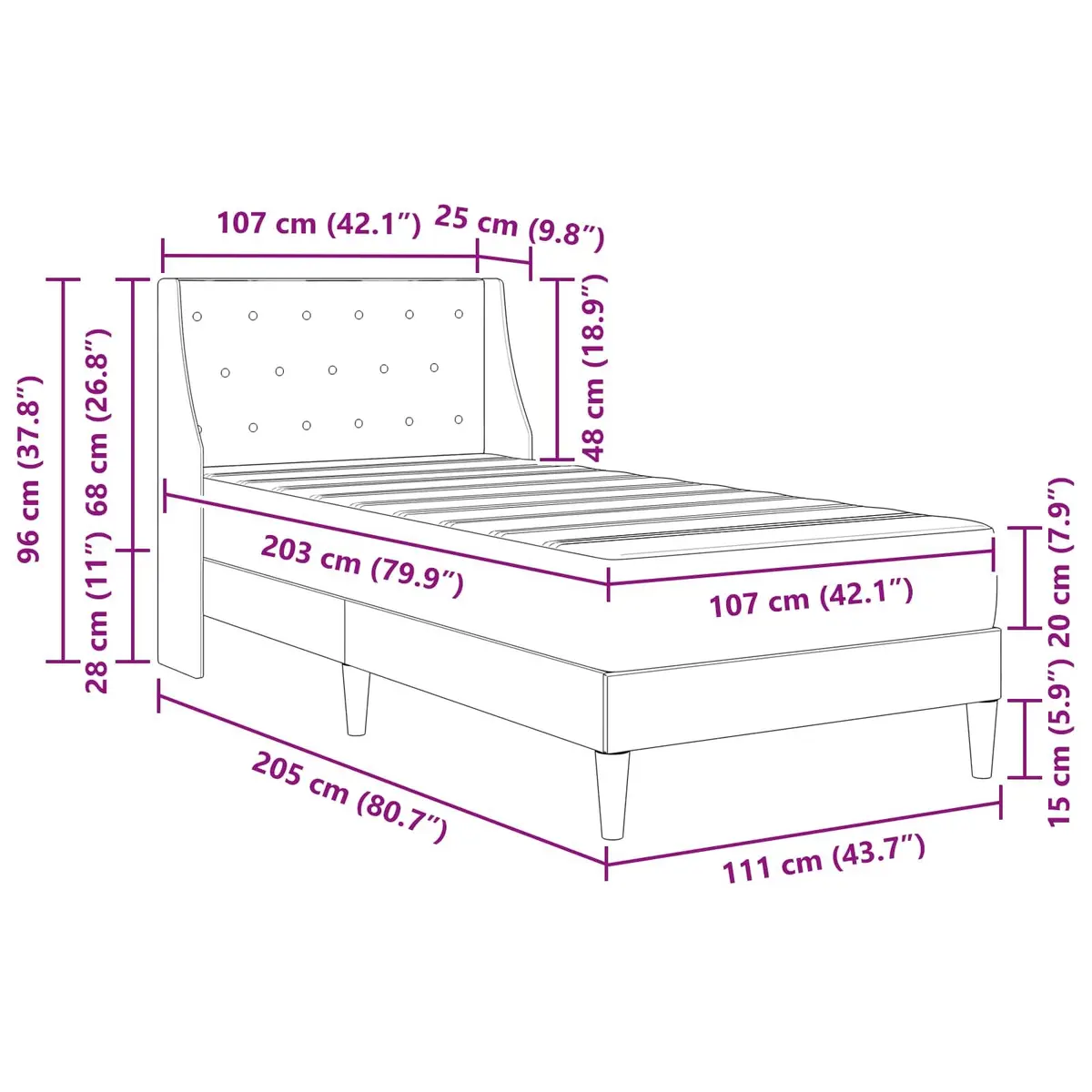 Grey Velvet Bed Frame with Integrated Mattress Modern 107 x 203 cm Plywood