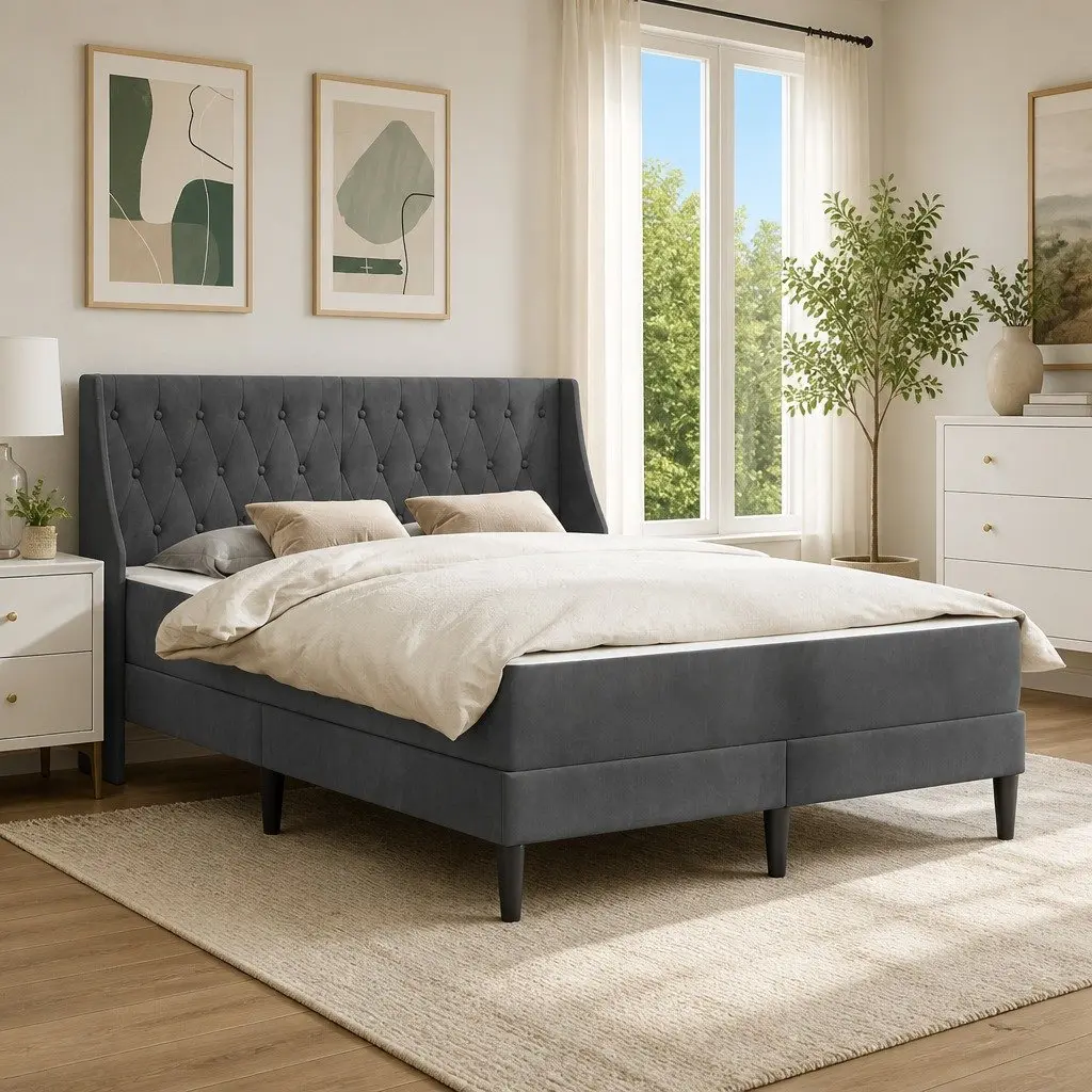 Bed Frame with Mattress Grey Velvet 137 x 190 cm Modern Plywood Upholstery