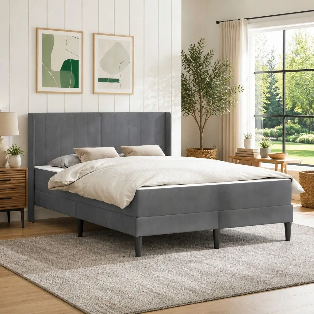 Bed Frame with Mattress Grey 137 x 190 cm Velvet Modern
