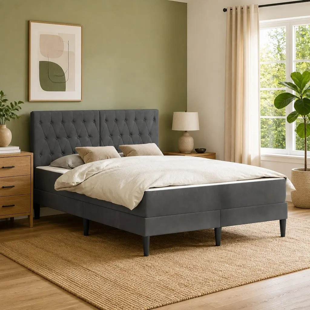 Bed Frame Velvet Headboard Dark Grey 137 x 190 cm Pocketed Coil Mattress
