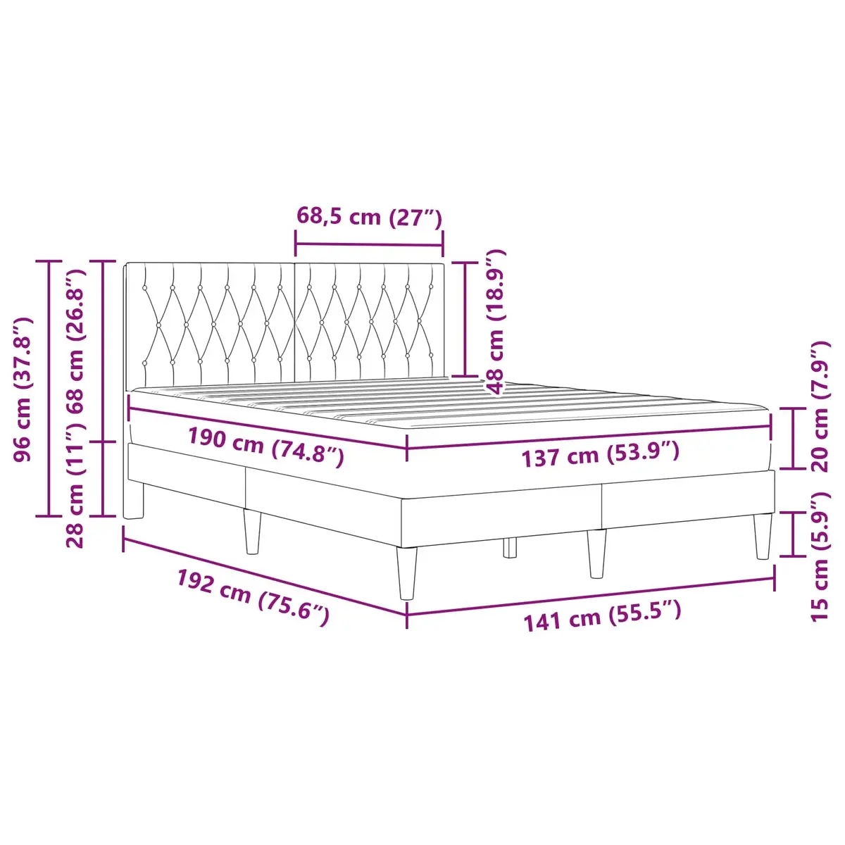 Bed Frame Velvet Headboard Dark Grey 137 x 190 cm Pocketed Coil Mattress