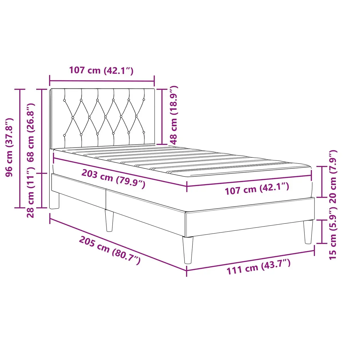 Bed Frame with Mattress Grey 107 x 203 cm Velvet Modern Bedroom