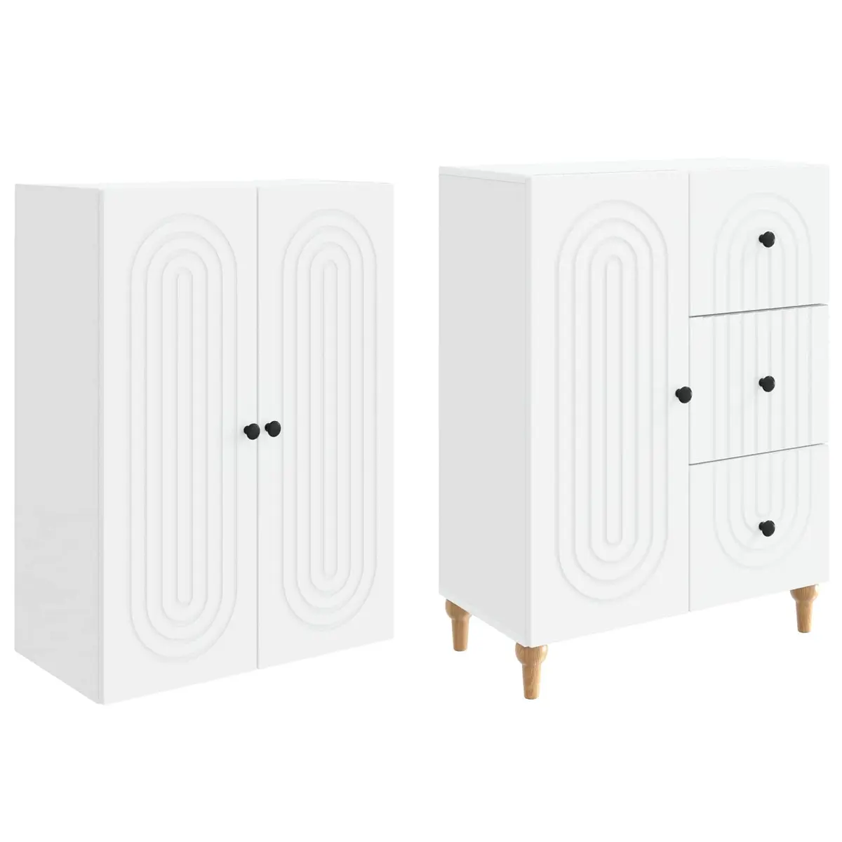 Cabinet Set White 2 Pieces Engineered Wood Storage Shelves Drawers Compartments