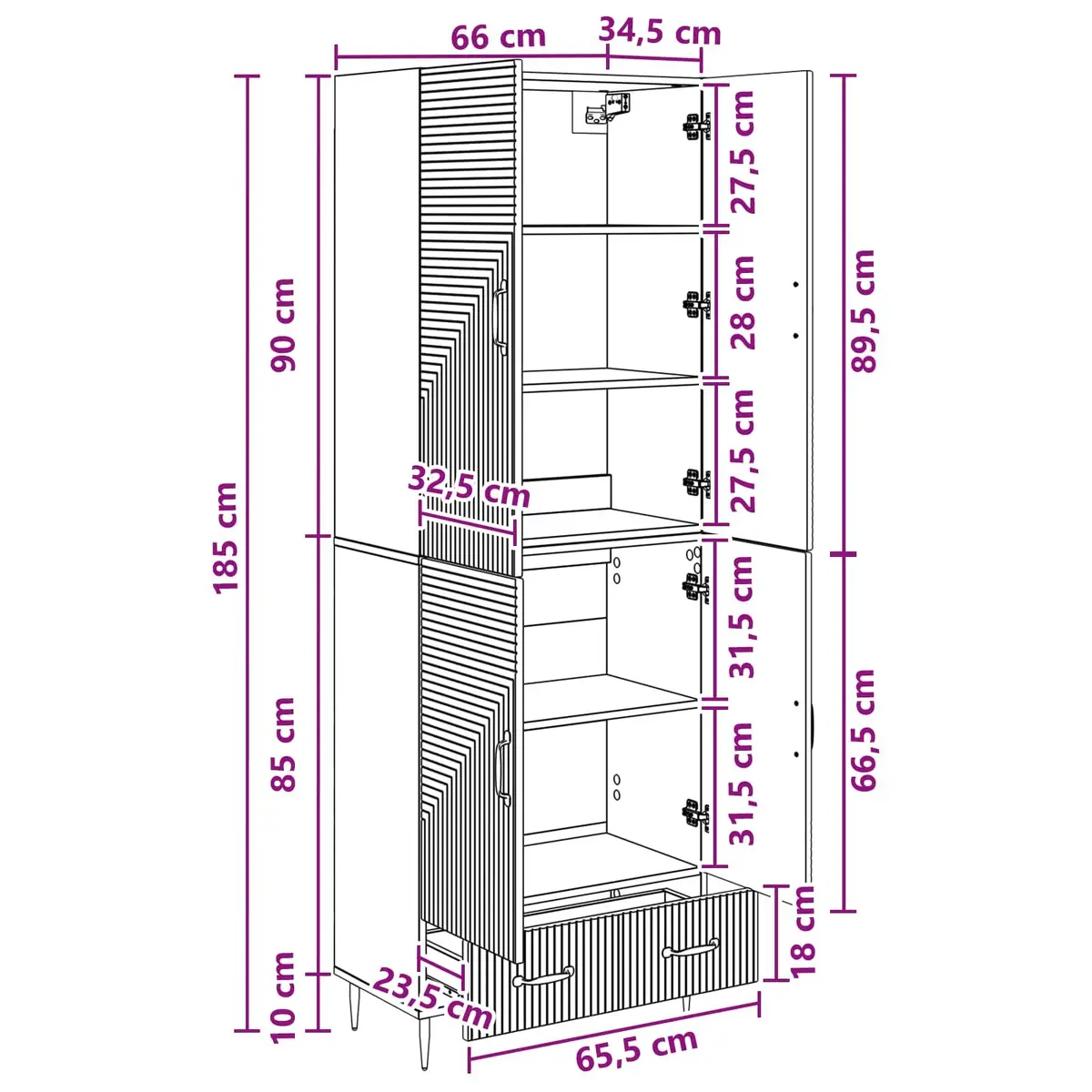 Storage Cabinet Set Engineered Wood 66cm x 34.5cm x 95cm 2 Pieces with Compartments Drawers Shelves and LED Lighting