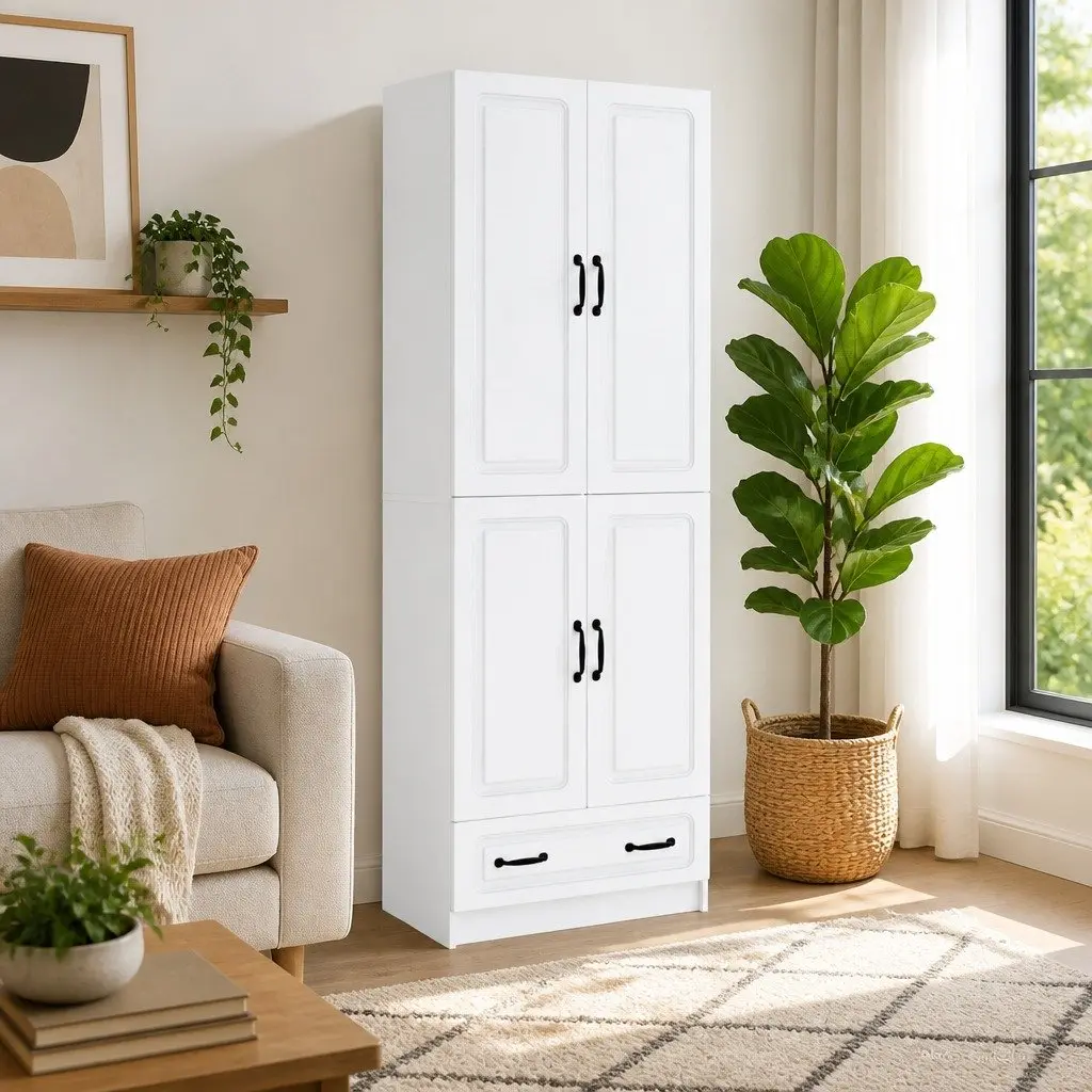 White Cabinet Set 2 Pieces Contemporary Engineered Wood Furniture Home Storage Living Room