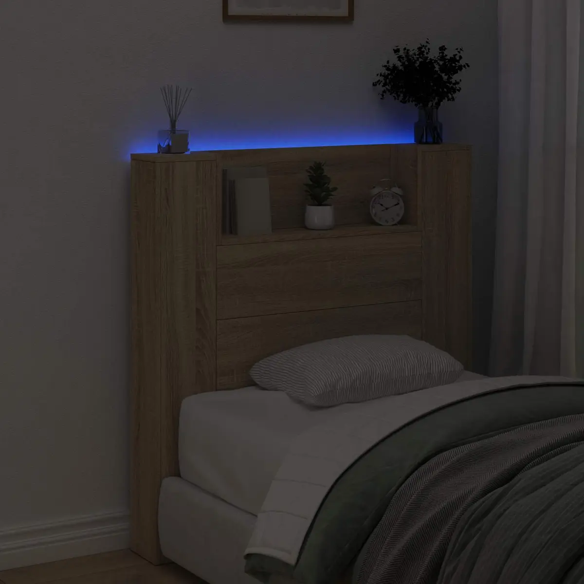 Storage Headboard RGB LED Lights Engineered Wood Bedroom Furniture Shelf