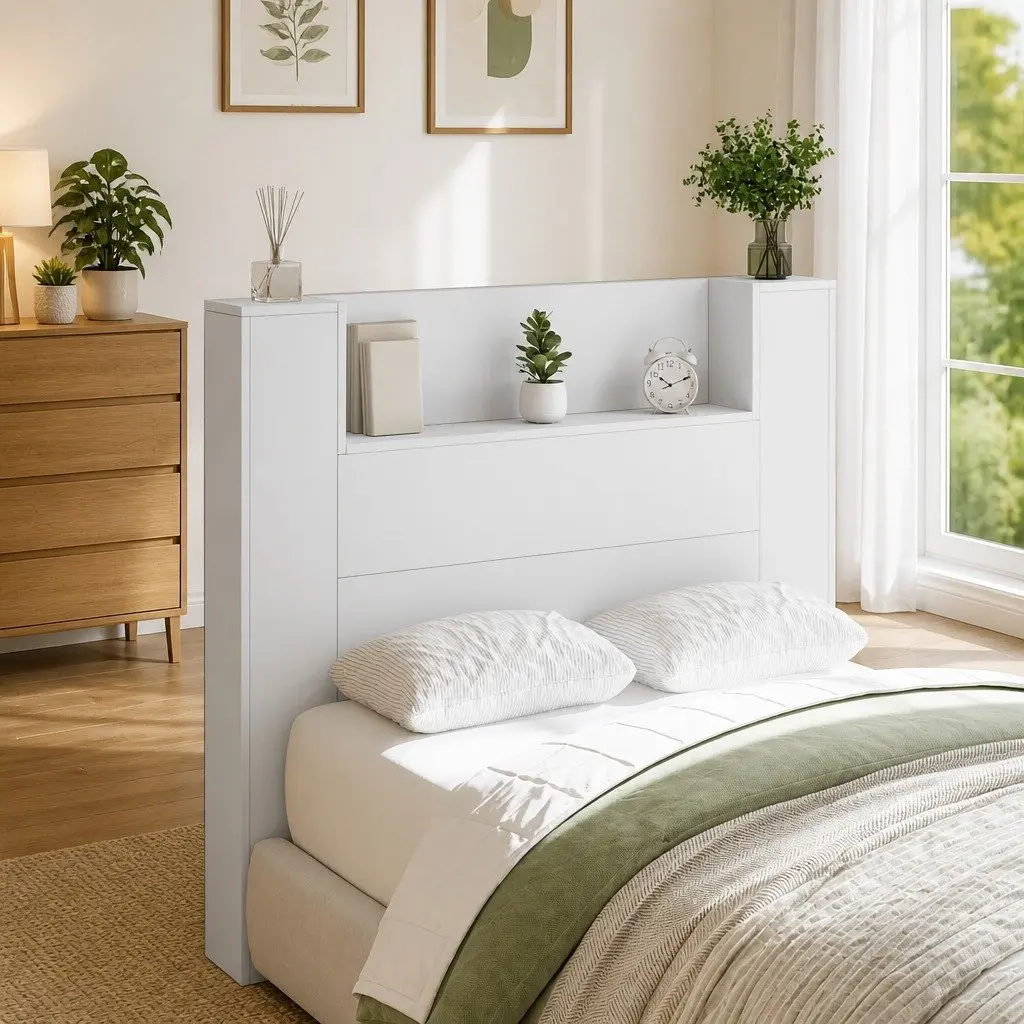 White Engineered Wood Storage Headboard with LED Lights