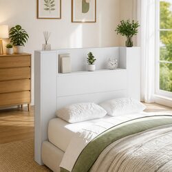 White Engineered Wood Storage Headboard with LED Lights