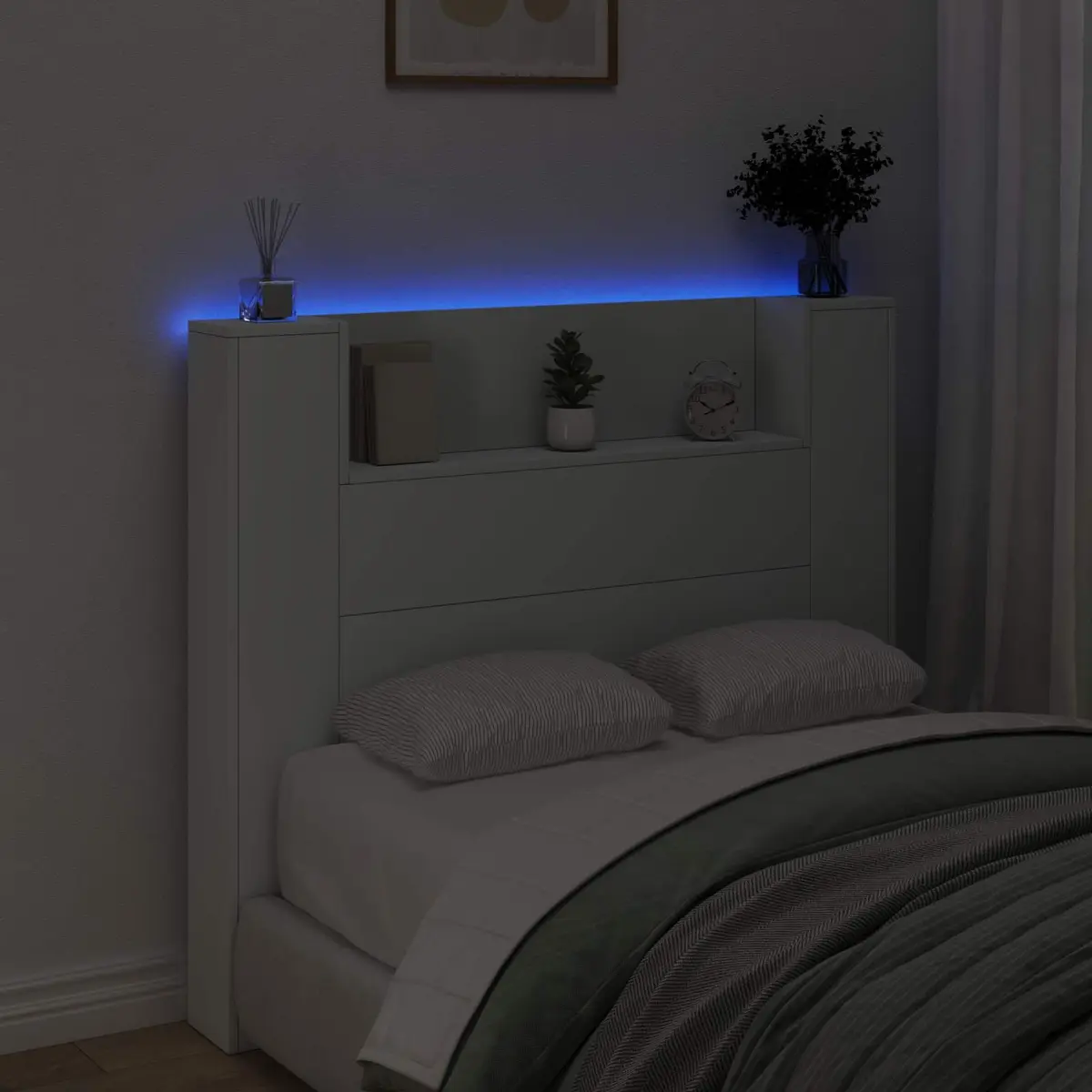 White Engineered Wood Storage Headboard with LED Lights