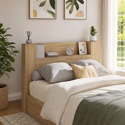 Brown Engineered Wood Storage Headboard with LED Lights