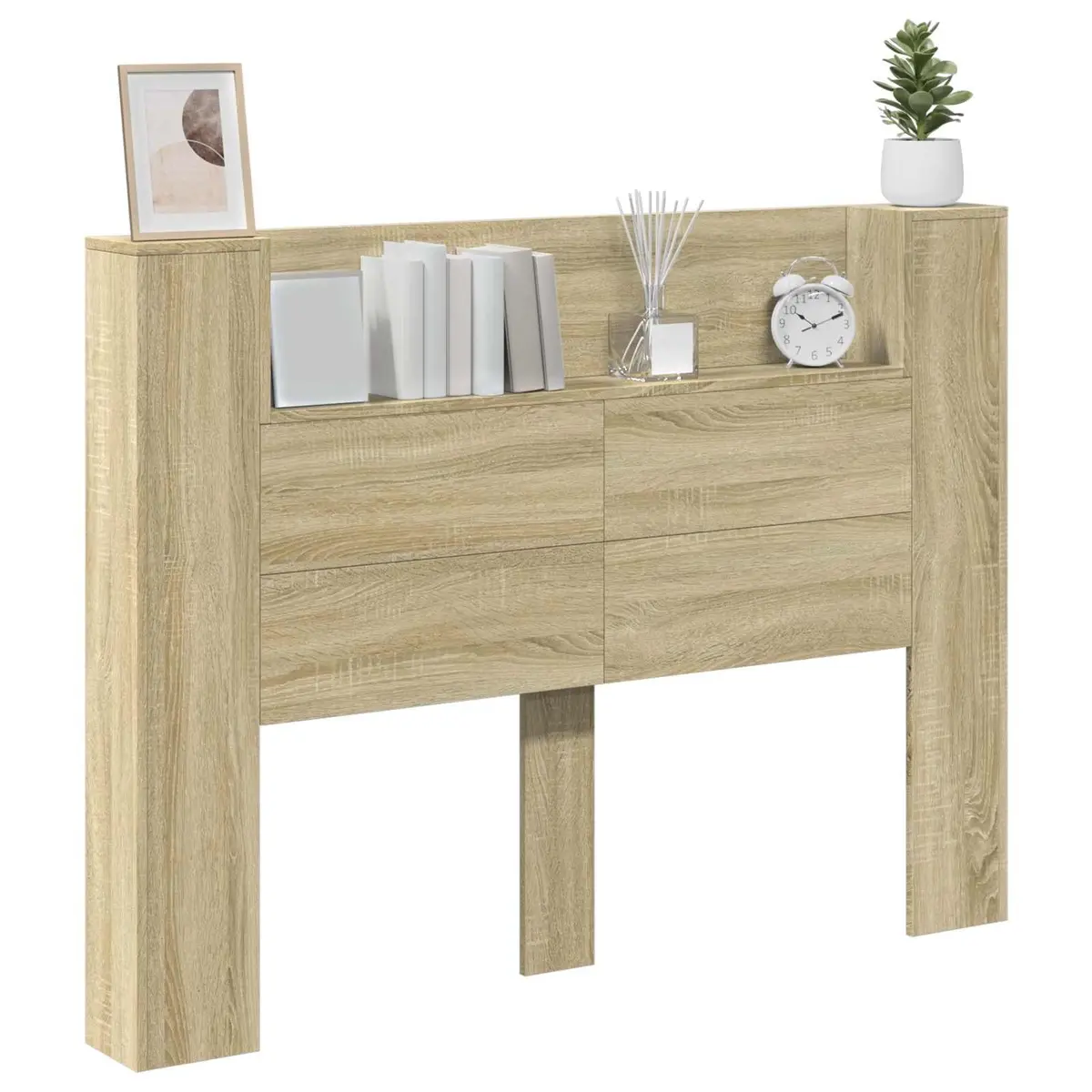 Storage Headboard with LED Lights Brown Engineered Wood Bedroom Shelf