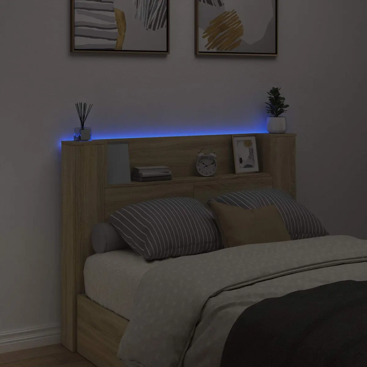 Storage Headboard with LED Lights Brown Engineered Wood Bedroom Shelf