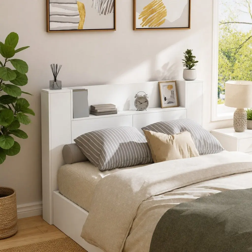 Storage Headboard with RGB LED Lights White Engineered Wood Bedroom Shelf