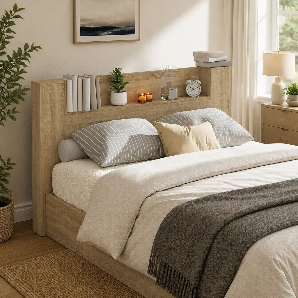 Storage Headboard with LED Lights Engineered Wood Bedroom Furniture Shelves