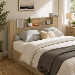 Brown Storage Headboard with LED Lighting and Shelves