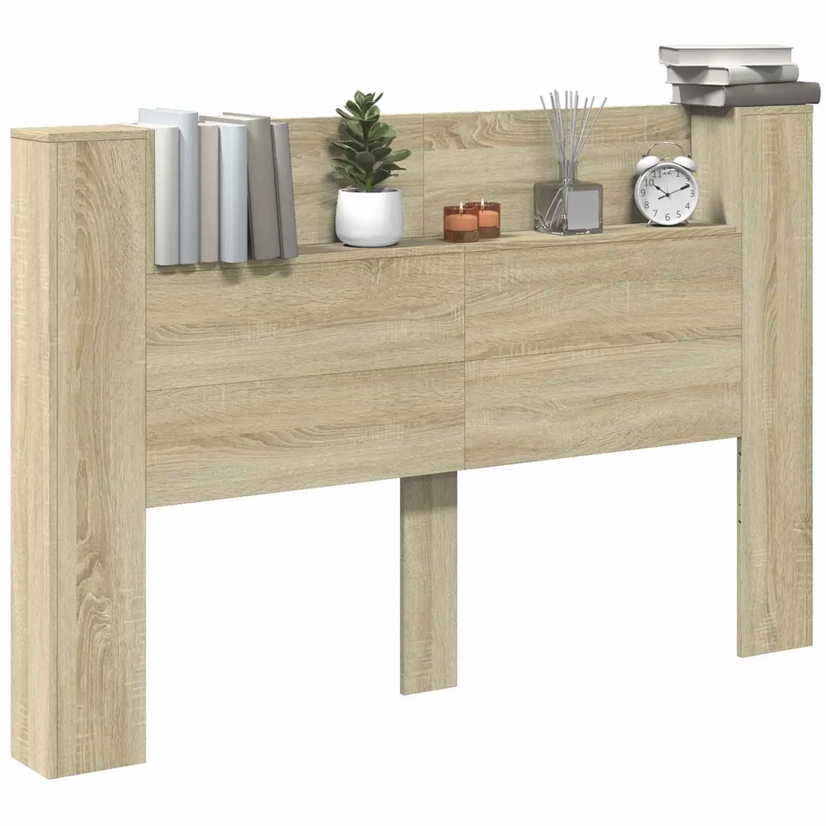 Storage Headboard with LED Lights Engineered Wood Bedroom Furniture Shelves