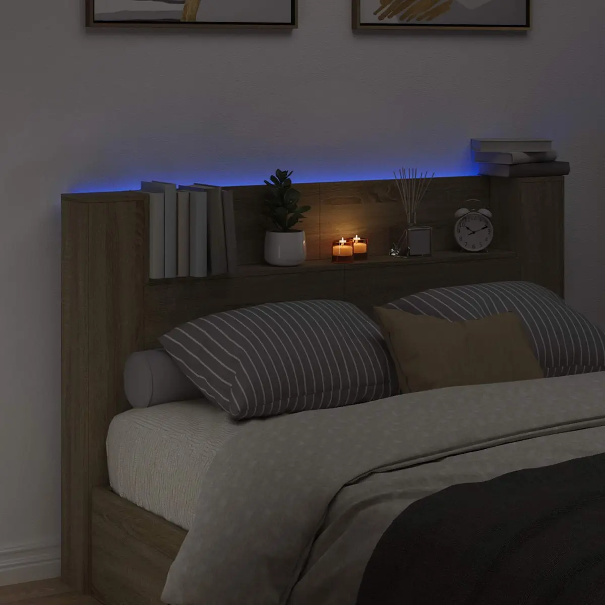 Storage Headboard with LED Lights Engineered Wood Bedroom Furniture Shelves