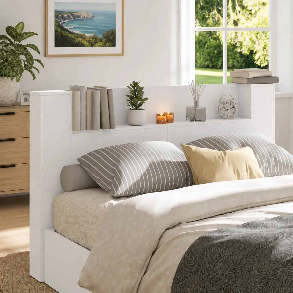 RGB LED Storage Headboard with Integrated Shelf White Engineered Wood Bedroom Furniture
