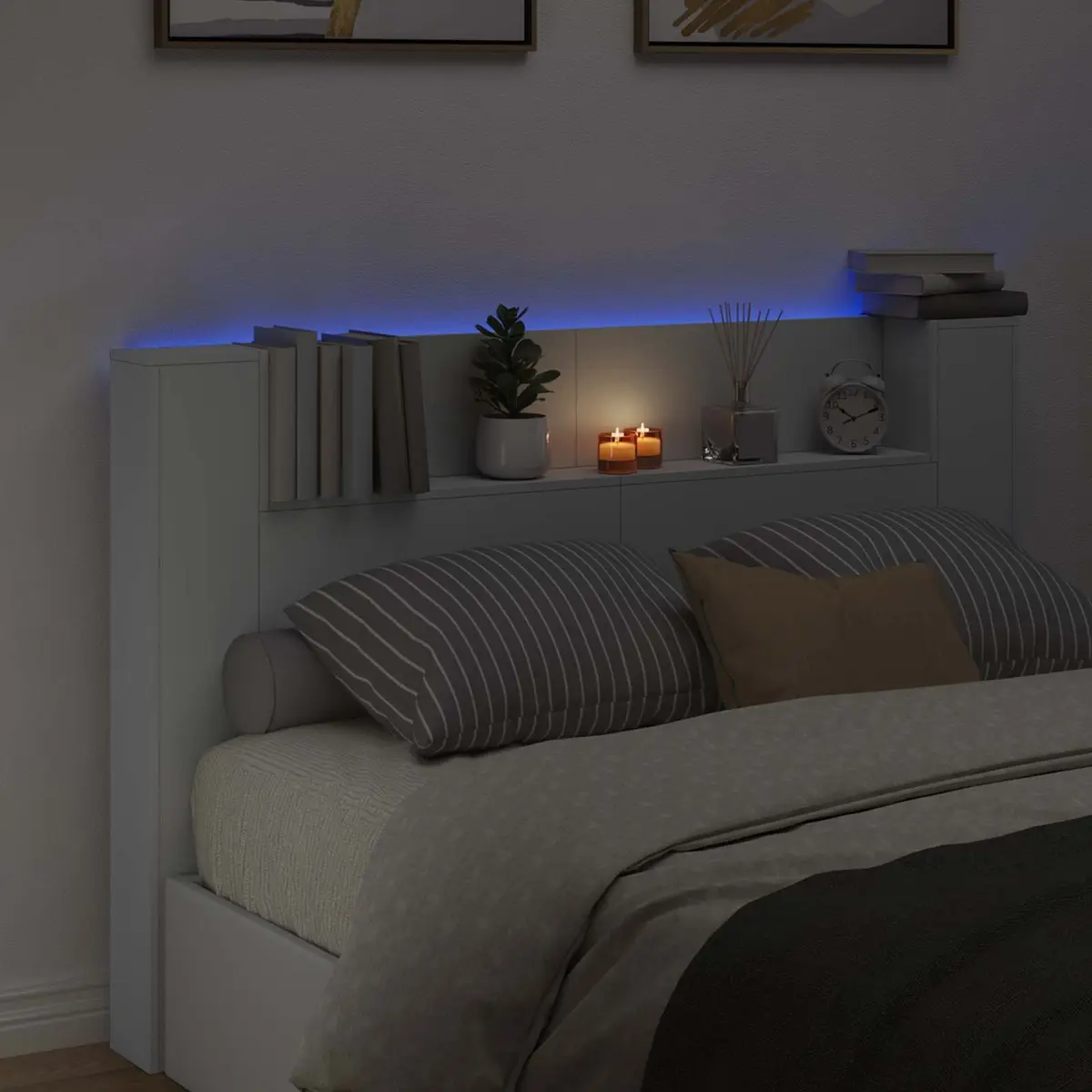 RGB LED Storage Headboard with Integrated Shelf White Engineered Wood Bedroom Furniture