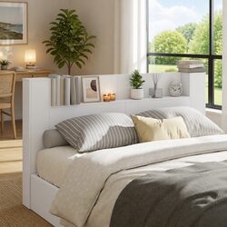 White Storage Headboard with Built-in LED Shelf