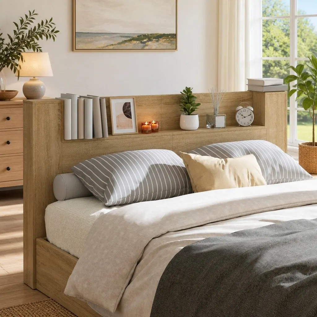 Brown Engineered Wood Storage Headboard with LED Lights