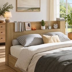 Brown Engineered Wood Storage Headboard with LED Lights