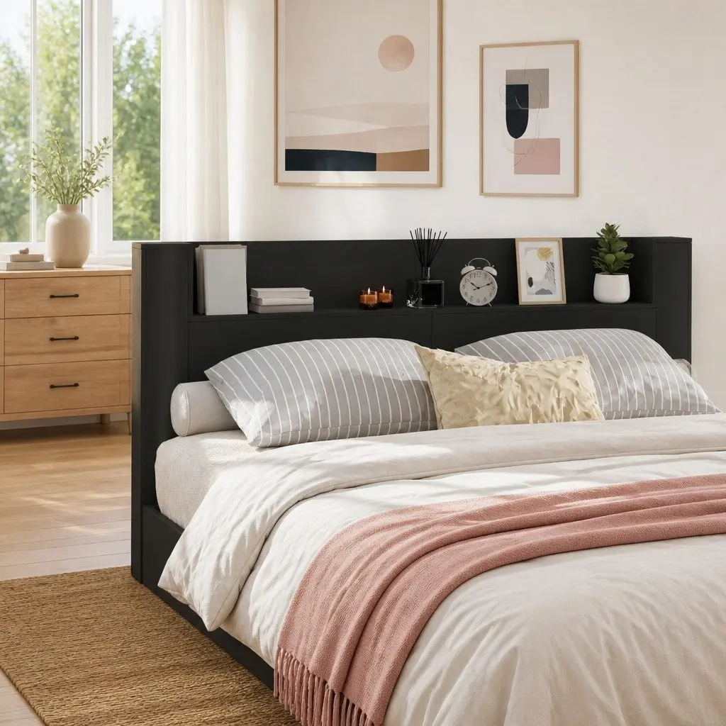 Storage Headboard with RGB LED Lights for Bedroom