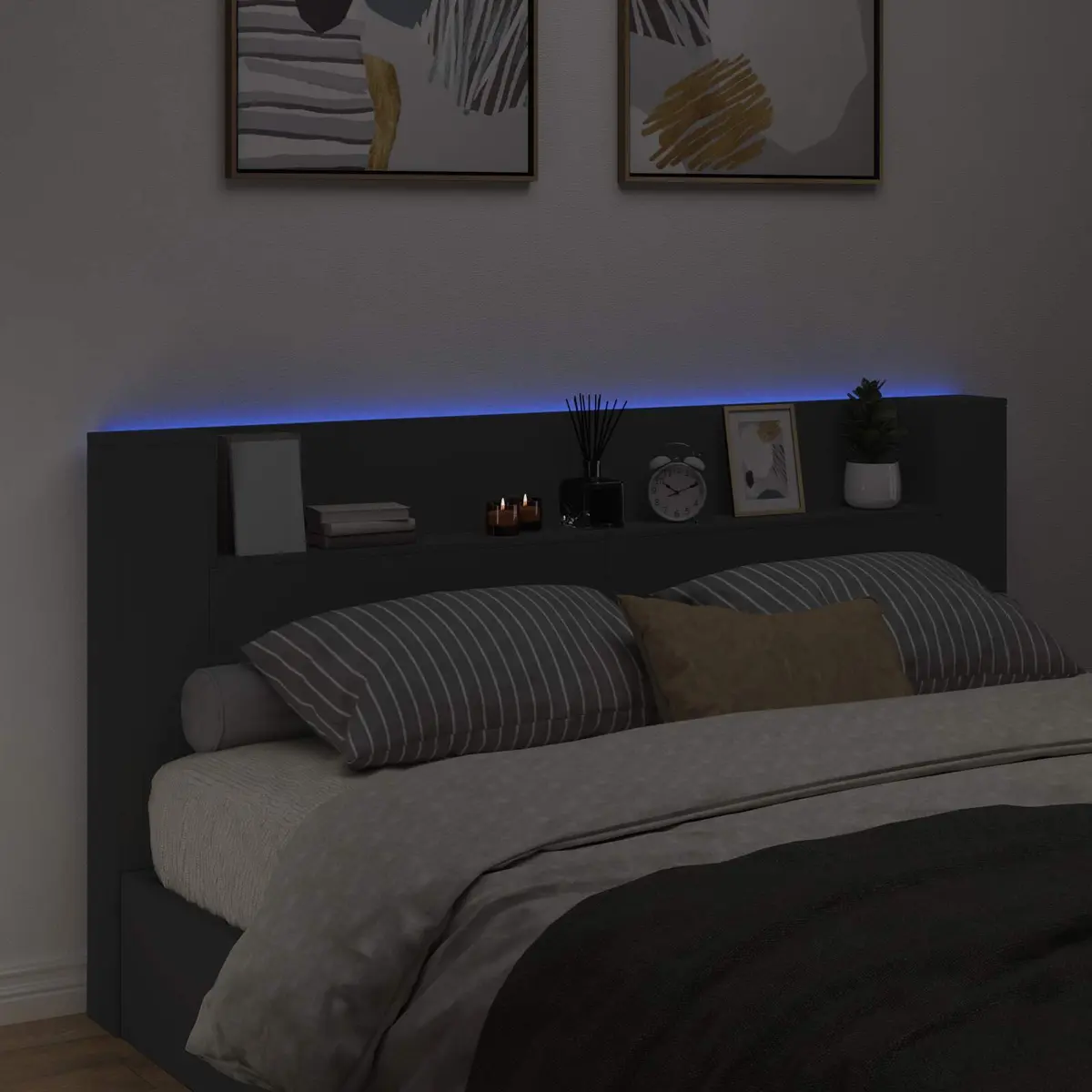 Storage Headboard with RGB LED Lights for Bedroom