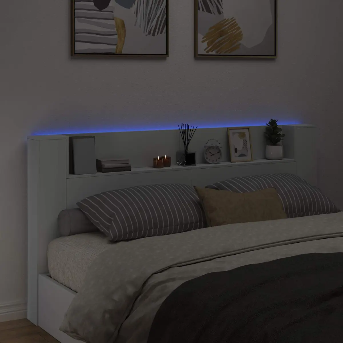 Storage Headboard White Engineered Wood with RGB LED Lights and Shelf
