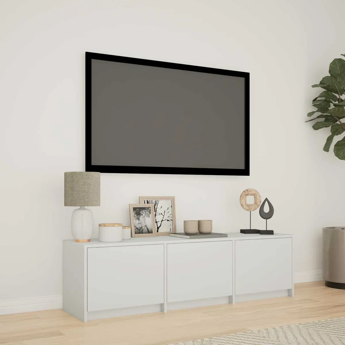 LED TV Cabinet White Engineered Wood Storage Unit with Adjustable Lights 140x34x40cm