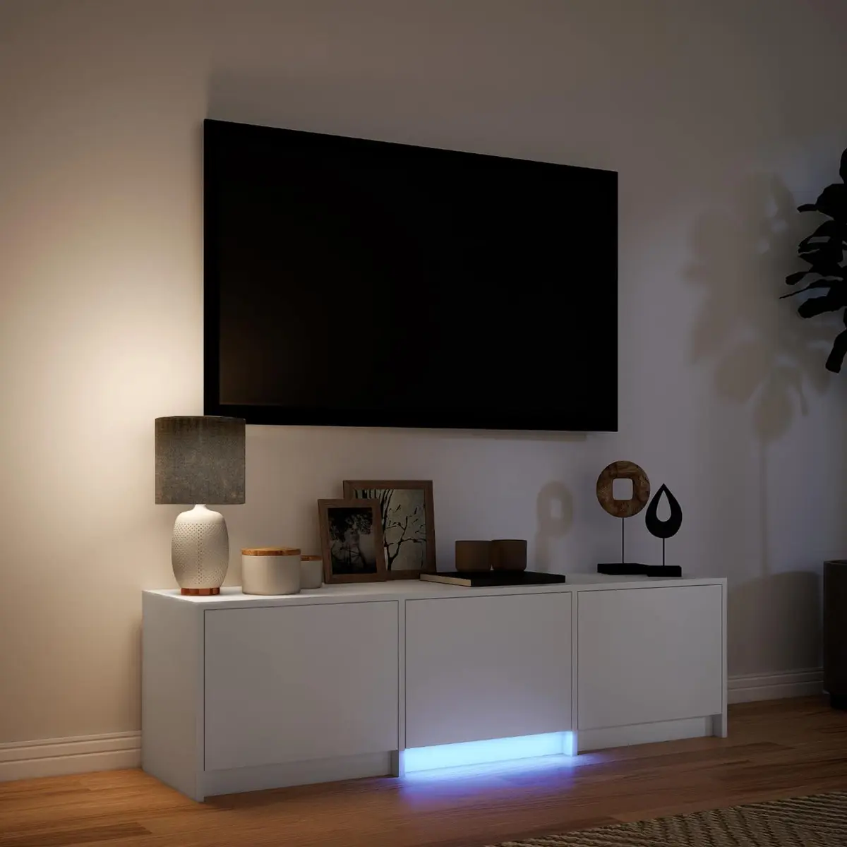 LED TV Cabinet White Engineered Wood Storage Unit with Adjustable Lights 140x34x40cm