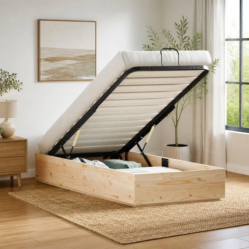 Ottoman Storage Bed Frame Solid Pine Wood Single Double Queen King Size