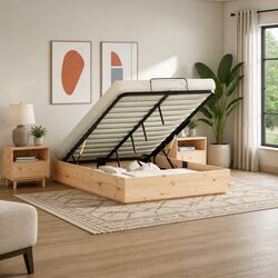 Storage Ottoman Bed Frame in Solid Pine Wood 135 x 190 cm