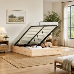 Cozy Ottoman Bed Frame with Storage in Brown Pine