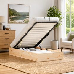 Natural Wood Ottoman Bed Frame with Storage 90 x 190 cm