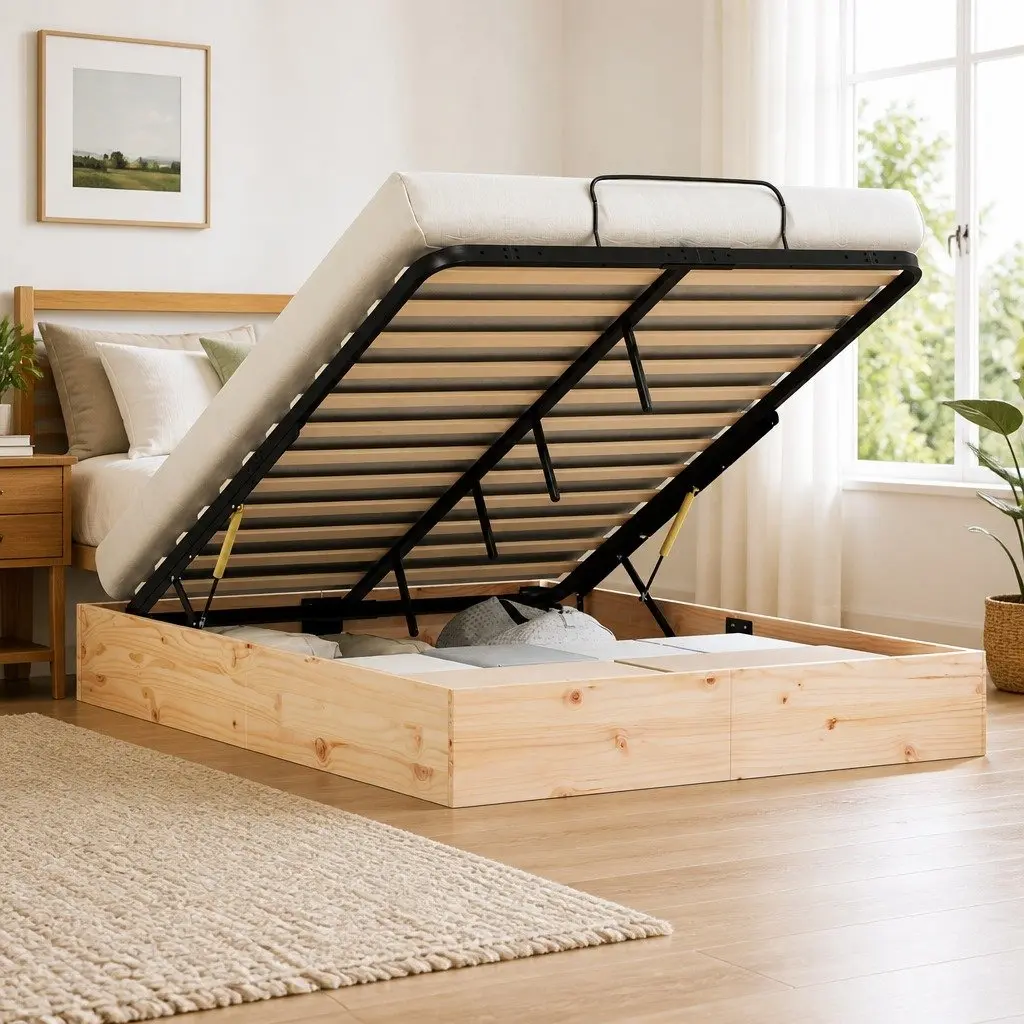 Ottoman Bed Frame Gas Lift Modern 135 x 190 cm Solid Pine Wood