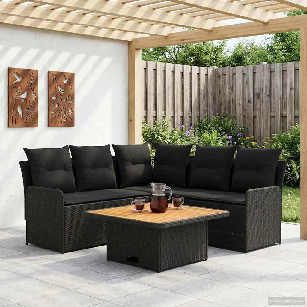 4 Piece PE Rattan Furniture Set Black Acacia Wood Powder Coated Steel Indoor Outdoor Patio Lounge Sofa