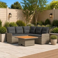 4-Piece Grey Rattan Outdoor Lounge Sofa Set with Cushions