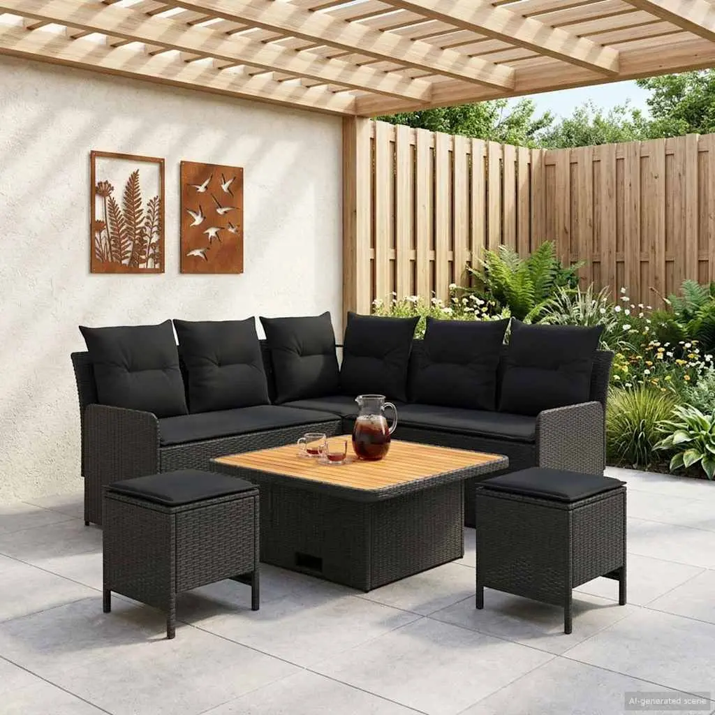 Outdoor Garden Furniture Set Black PE Rattan 6 Piece Patio Lounge with Cushions