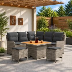 6-Piece Grey PE Rattan Lounge Set with Cushions