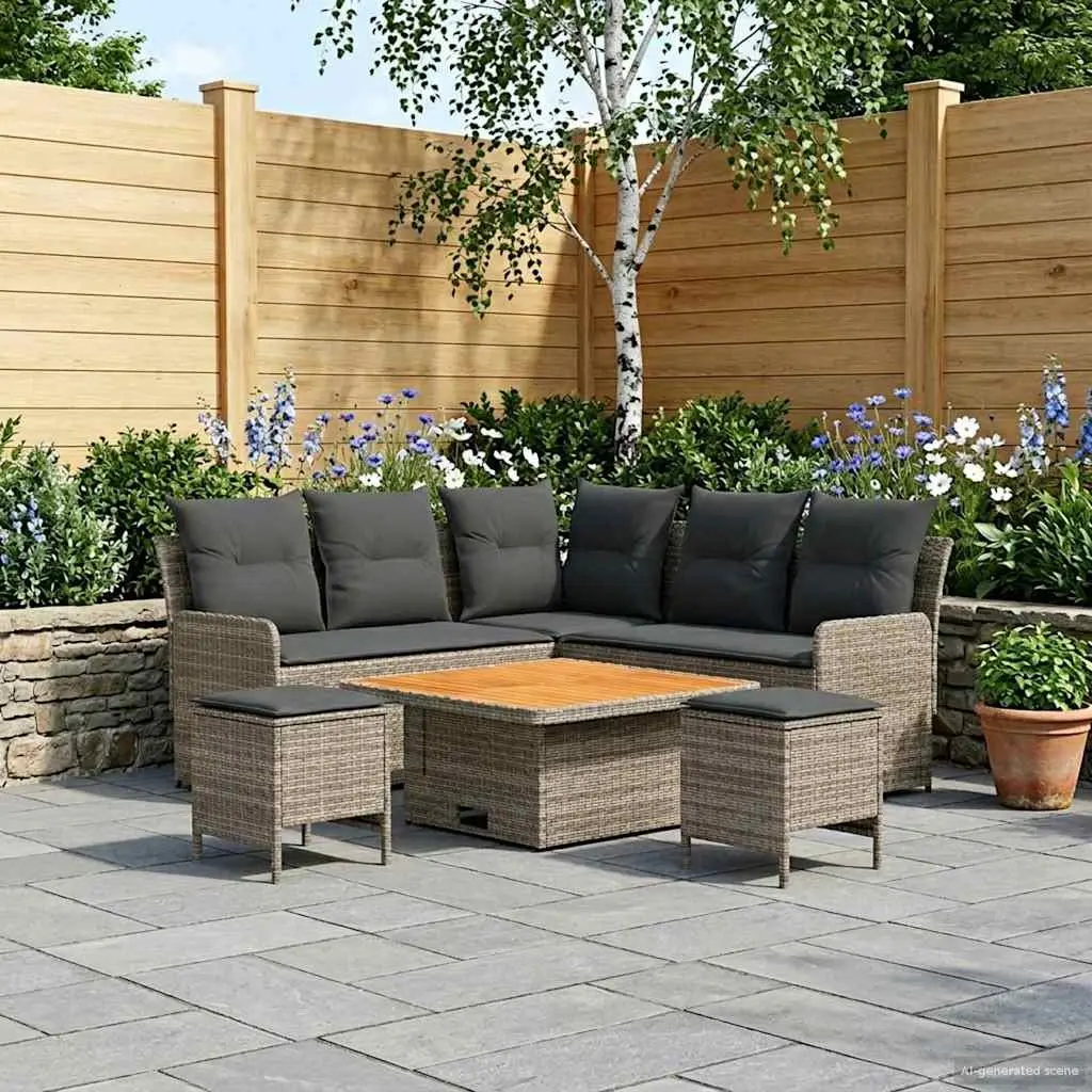 PE Rattan Furniture Set Grey 6 Pieces Outdoor Indoor Patio Lounge with Cushions