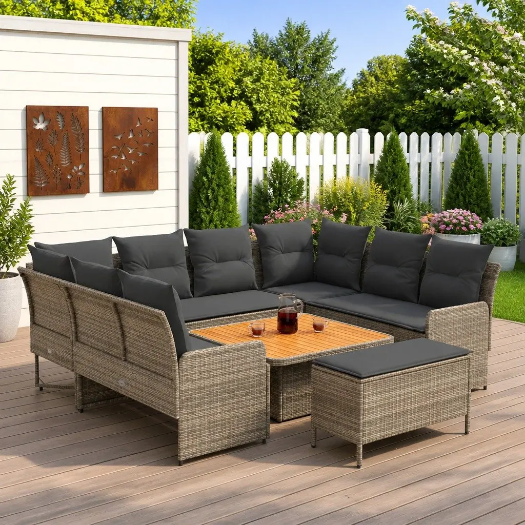 7 Piece Grey PE Rattan Sofa Set with Cushions for Indoor and Outdoor Use