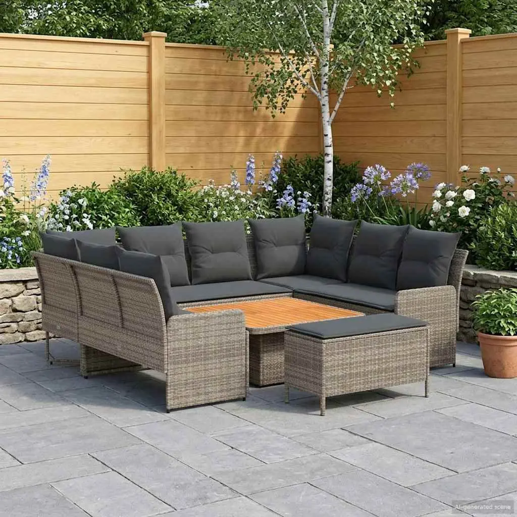 7 Piece Grey PE Rattan Sofa Set with Cushions for Indoor and Outdoor Use