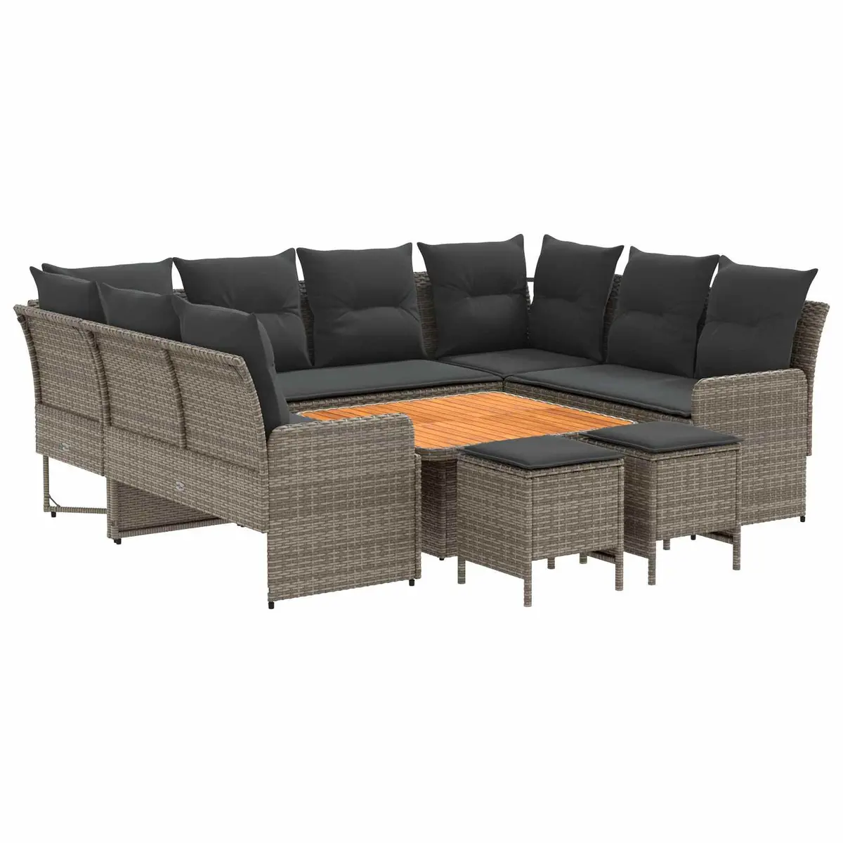 Outdoor Furniture Set Grey PE Rattan Sofa with Cushions 8 Piece Acacia Wood