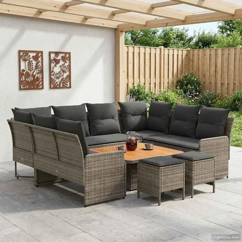 Outdoor Furniture Set Grey PE Rattan Sofa with Cushions 8 Piece Acacia Wood