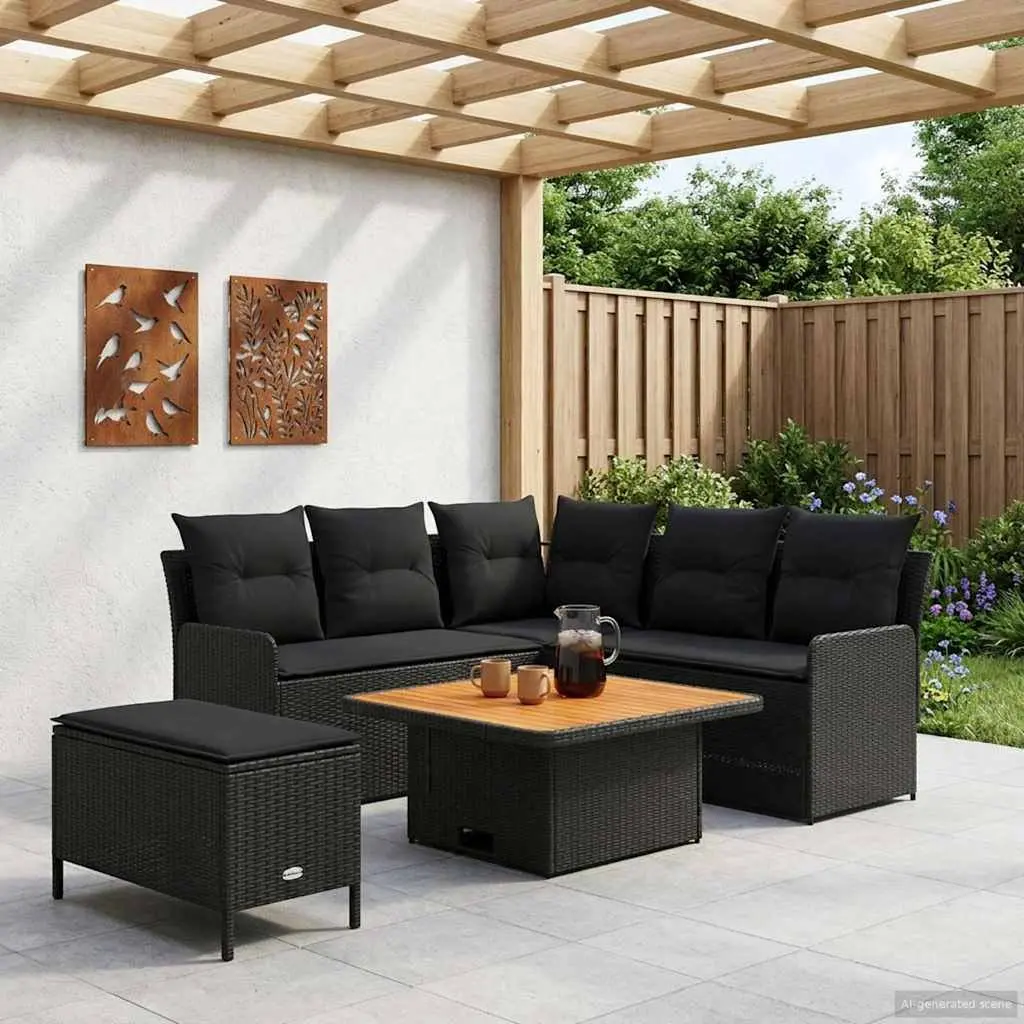 5 Piece Outdoor Indoor Furniture Set Black PE Rattan Sofa Lounge with Cushions